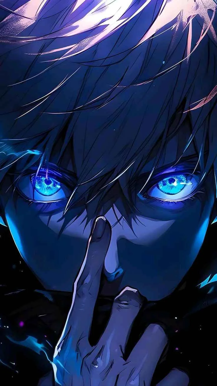 Hình nền điện thoại anime nam mắt xanh phát sáng bí ẩn che miệng