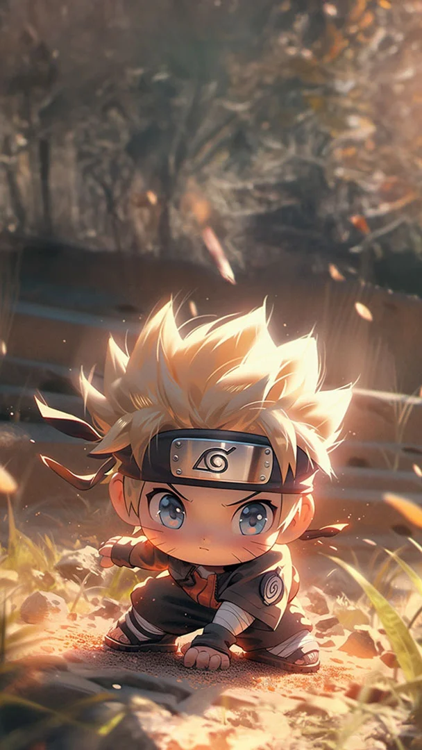 Hình nền điện thoại anime Naruto chibi dễ thương ngồi trong rừng lá rơi