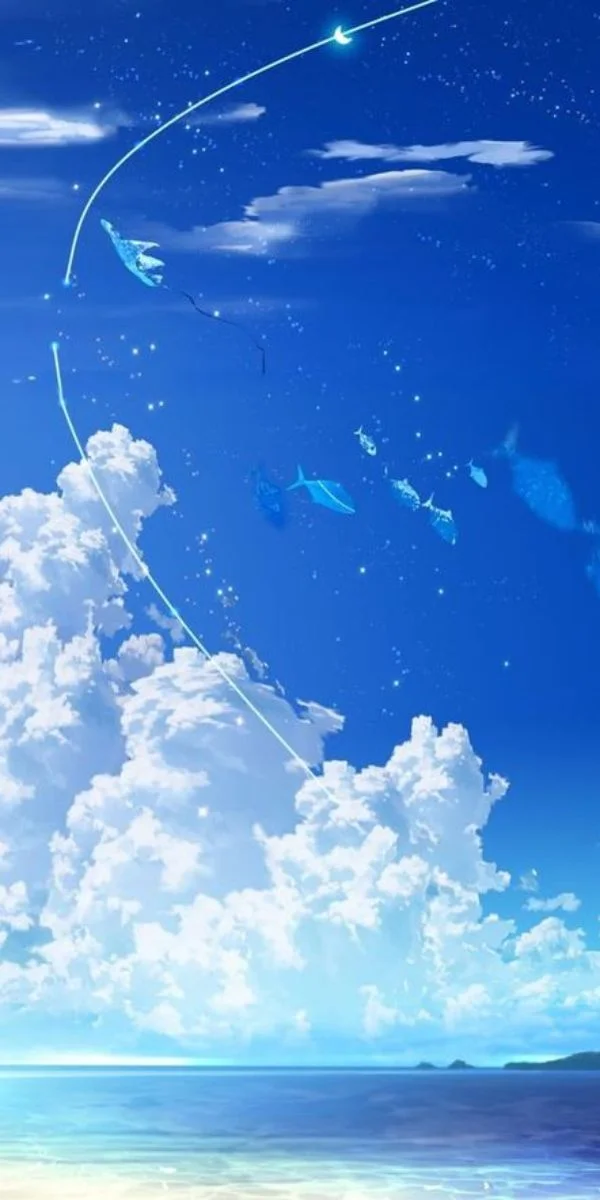 Hình nền điện thoại anime bầu trời xanh mây trắng biển và vệt sao băng