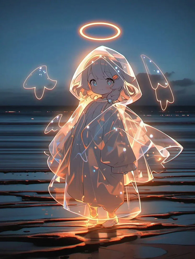 Hình nền điện thoại anime bé gái thiên thần phát sáng với vòng hào quang trên mặt nước