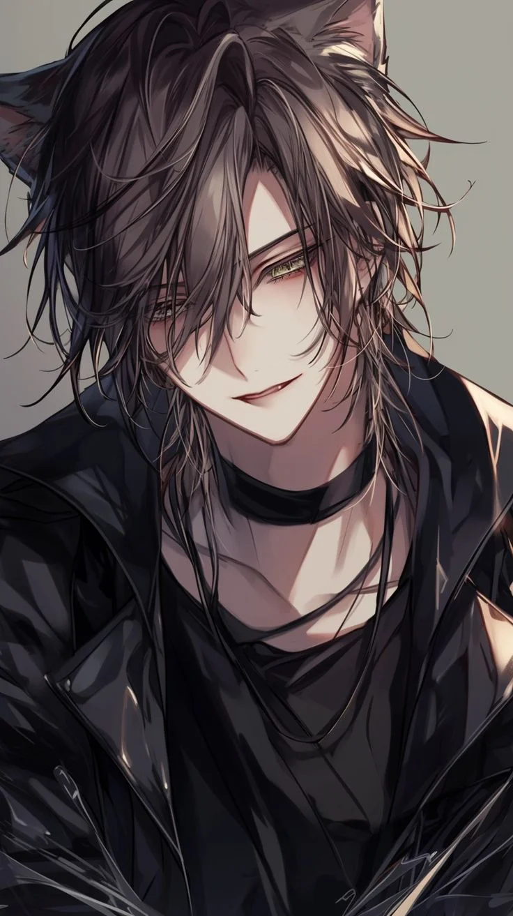 Hình nền điện thoại anime chàng trai tai mèo tóc dài quyến rũ áo đen