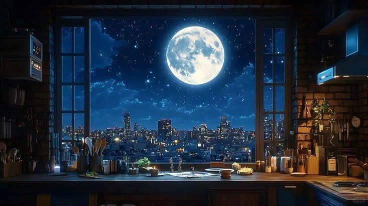 Nền máy tính khung cảnh gian bếp ấm cúng nhìn ra thành phố về đêm dưới ánh trăng tròn khổng lồ