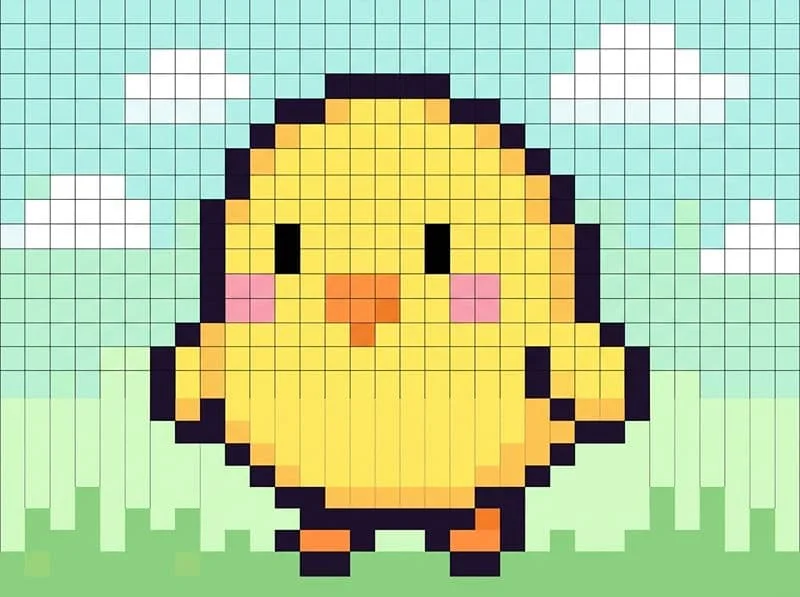 Tranh pixel gà con cute, mẫu vẽ theo ô ly đơn giản cho người mới tập pixel art.
