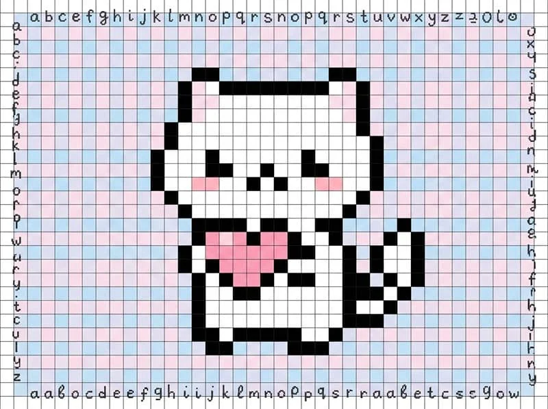 Mẫu tranh pixel cute mèo ôm tim, phong cách kawaii 43 dễ vẽ theo ô vuông.