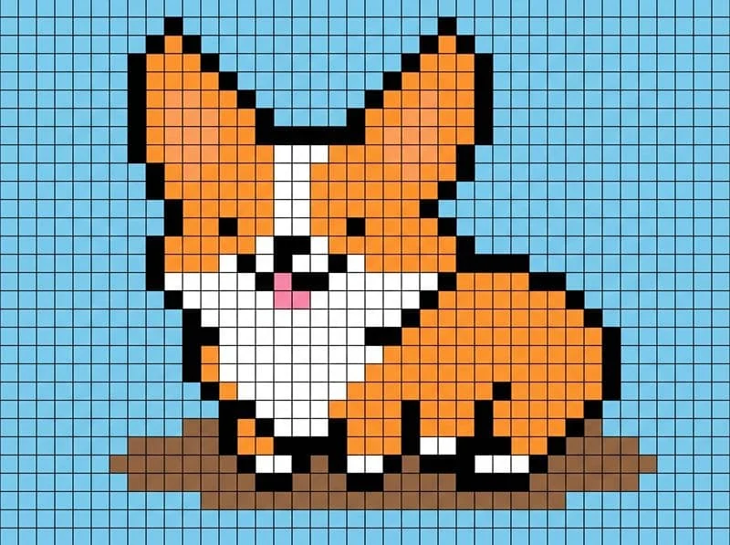Mẫu pixel corgi ngồi dễ thương, tranh con vật kawaii với màu pastel nổi bật.