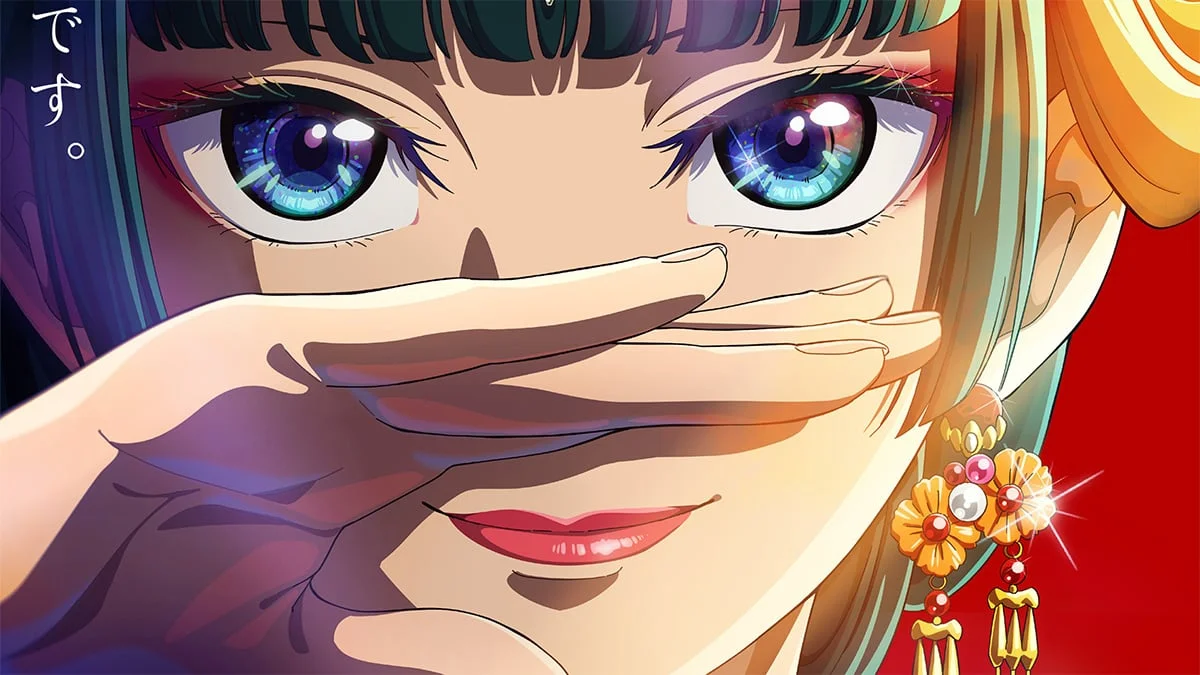 Ảnh pin nữ anime cận cảnh cô gái có đôi mắt xanh lấp lánh, tay che miệng và phụ kiện hoa rực rỡ