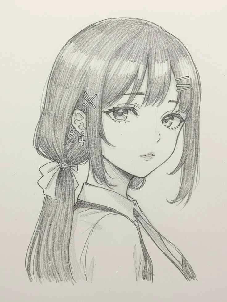 Hình vẽ anime nữ đơn giản nét chì tinh tế