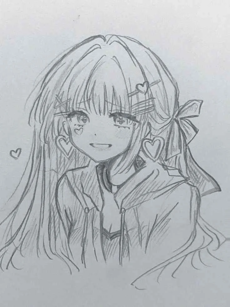 Hình vẽ anime nữ đơn giản dễ thương với trái tim