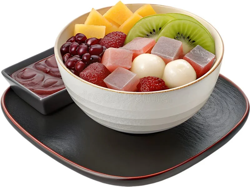 Bát thạch trái cây nhiều màu trên khay đen