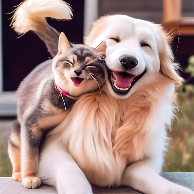 Meme mèo cười bên cạnh chó Golden Retriever đang cười vui vẻ trong sân vườn
