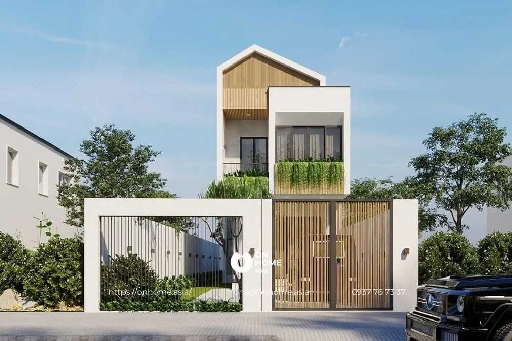 Thiết kế nhà ống 2 tầng mái lệch đơn giản, hiện đại