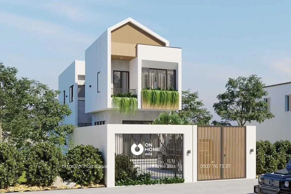 Nhà ống 2 tầng mái lệch đơn giản, hiện đại