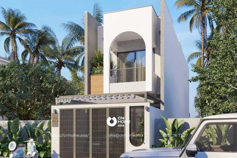 Ngôi nhà 2 tầng hiện đại với mảng tường trắng và cây xanh