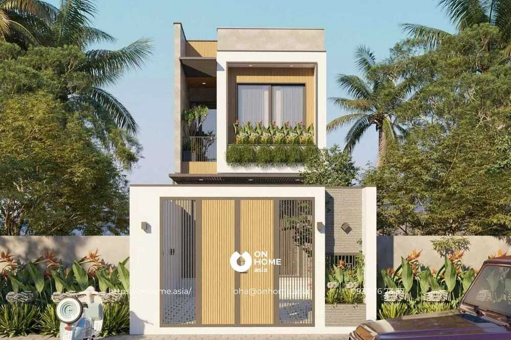 Ngôi nhà 2 tầng hiện đại với tông màu trung tính và cửa gỗ