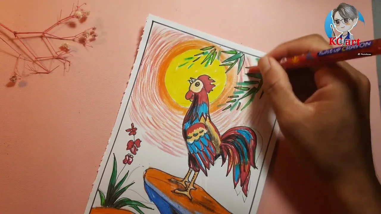 Vẽ tranh con gà trống nghệ thuật với màu tương phản để trang trí