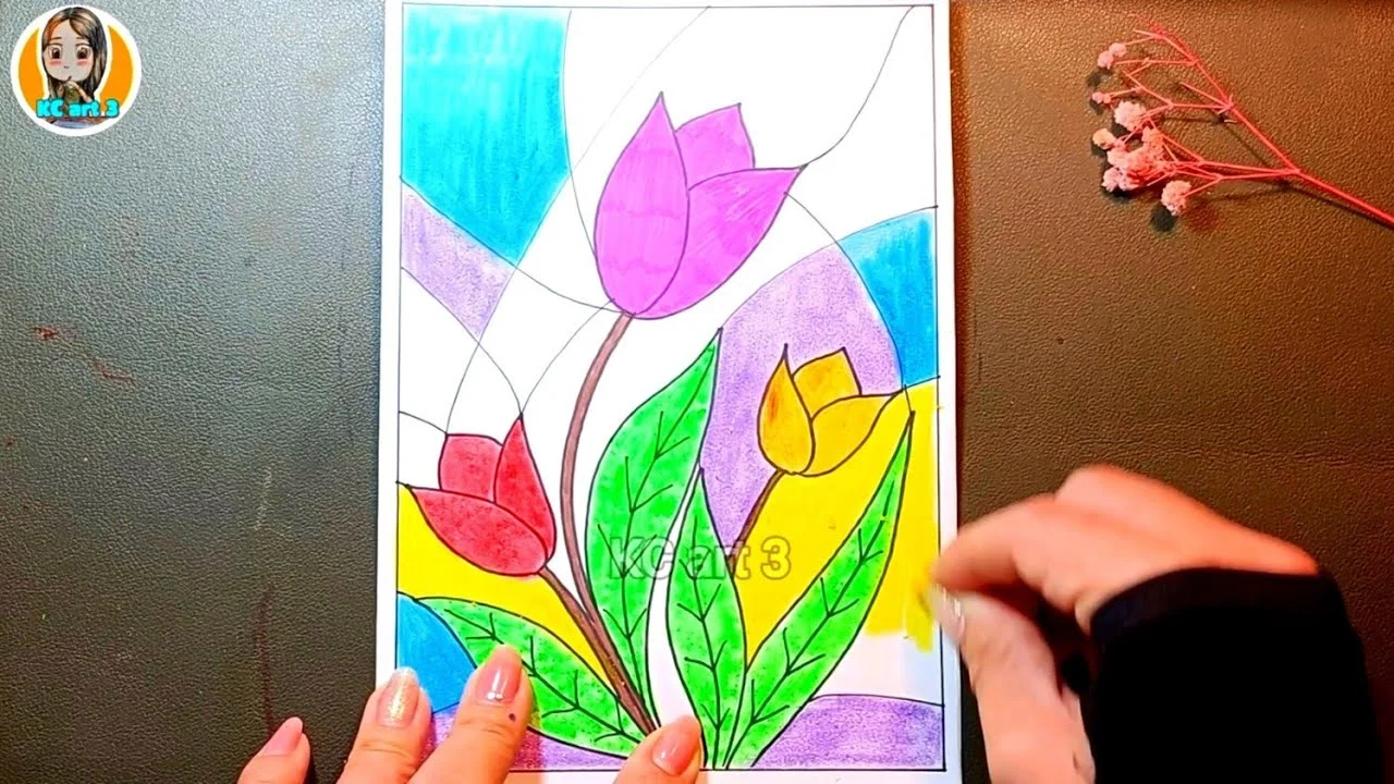 Tranh trang trí với màu tương phản hình hoa tulip rực rỡ