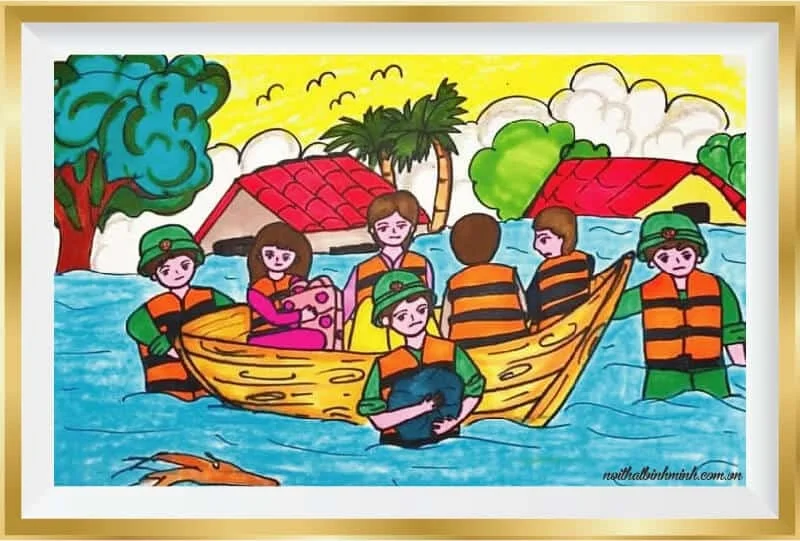 Tranh vẽ “Các chú bộ đội giúp đỡ bà con vùng lũ” ( Nguồn: Internet)