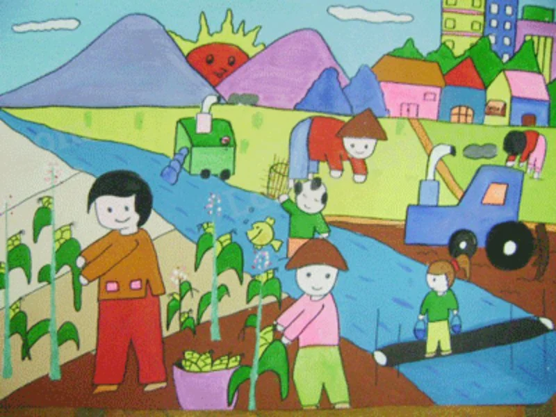 Tranh vẽ “Các em nhỏ vui vẻ lao động và chăm sóc cây trồng” ( Nguồn: Internet)
