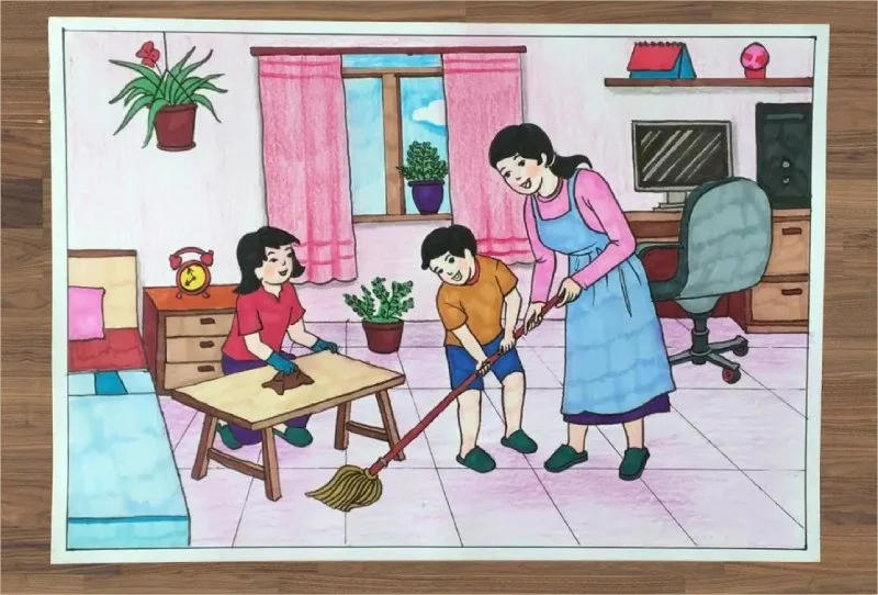 Tranh vẽ “Cả gia đình cùng nhau dọn dẹp” ( Nguồn: Internet)