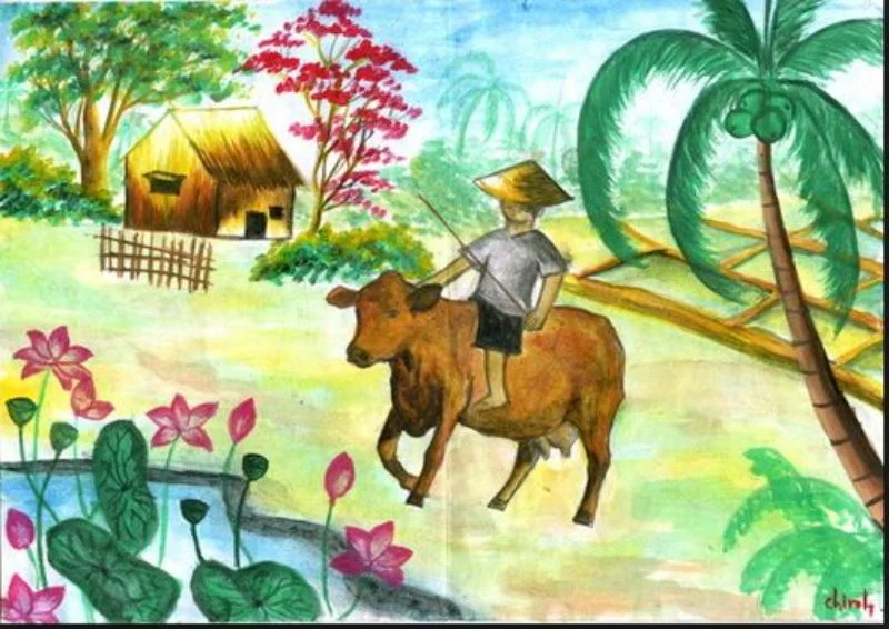 Tranh vẽ “Cậu bé chăn trâu bên ao sen quê hương” ( Nguồn: Internet)