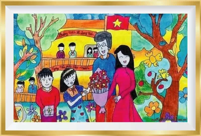 Tranh vẽ “Học sinh tặng hoa cho thầy cô dịp 20/10” ( Nguồn: Internet)