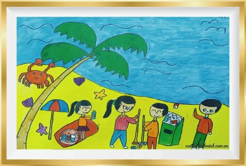 Tranh vẽ “Học sinh cùng nhau dọn rác bên bờ biểbiển” ( Nguồn: Internet)
