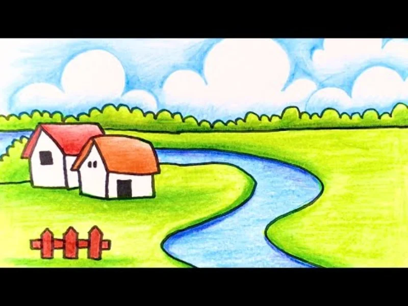 Tranh vẽ “Làng quê thanh bình với dòng sông uốn quanh” ( Nguồn: Internet)