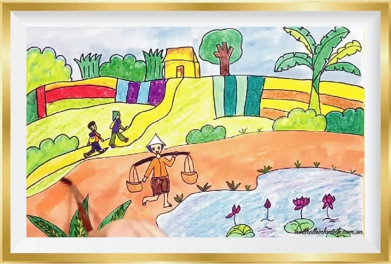 Tranh vẽ “Quê em mùa thu hoạch” ( Nguồn: Internet)