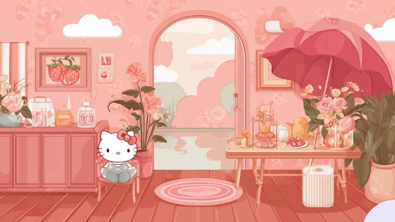 ảnh hello kitty đang ngồi trong phòng tiệc trà màu hồng pastel