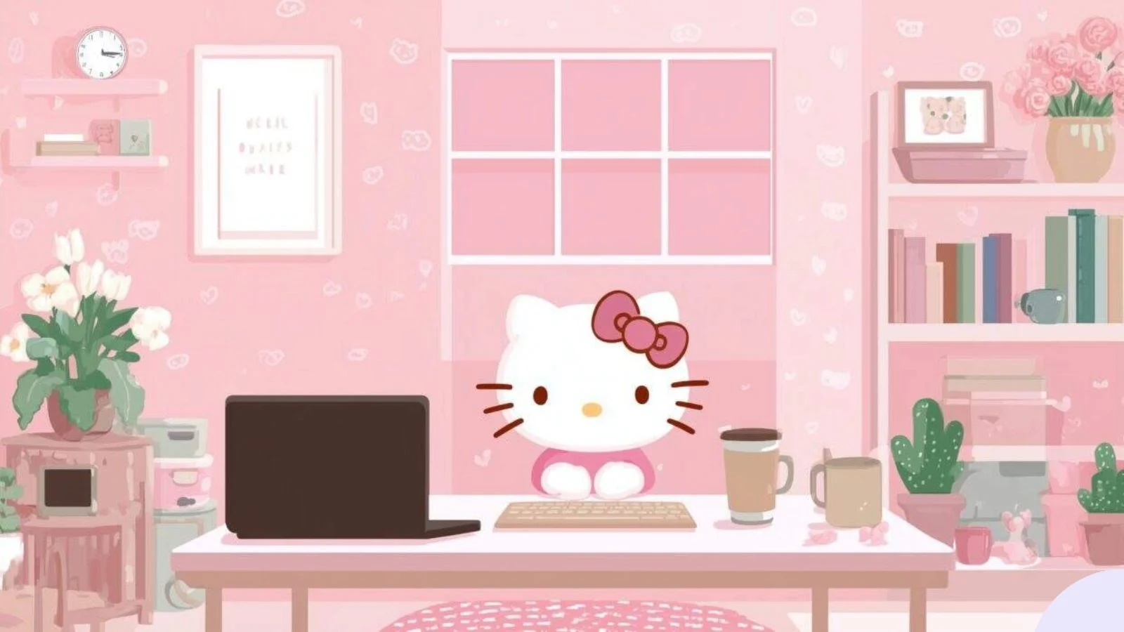 ảnh hello kitty ngồi bàn làm việc với laptop trong phòng hồng pastel dễ thương
