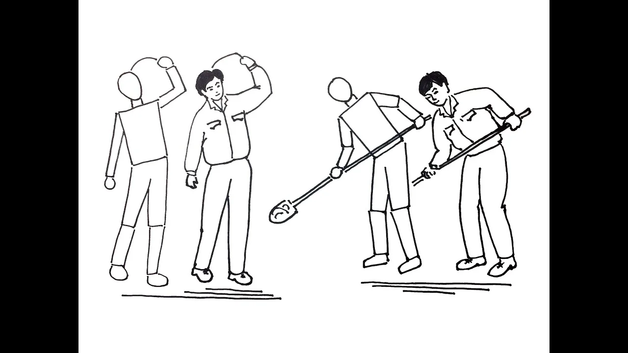 Minh họa vẽ dáng người với bốn nhân vật trong nhiều tư thế khác nhau bằng nét mực đen trên nền trắng