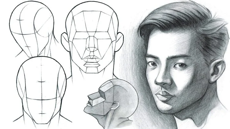 Bài học vẽ đầu người gồm sơ đồ khối, góc nghiêng và chân dung nam