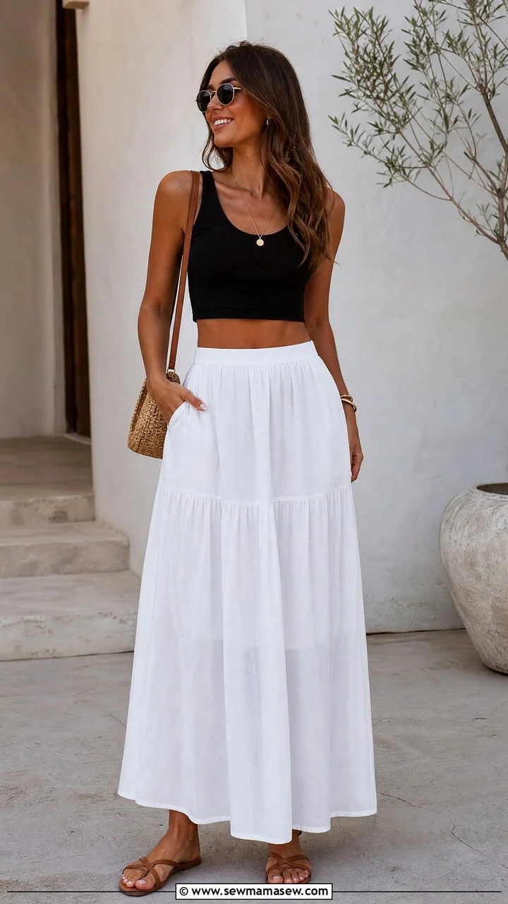 Ảnh gái mặc bikini không xuất hiện; người phụ nữ mặc áo croptop đen và chân váy maxi trắng trong không gian phong cách Địa Trung Hải.