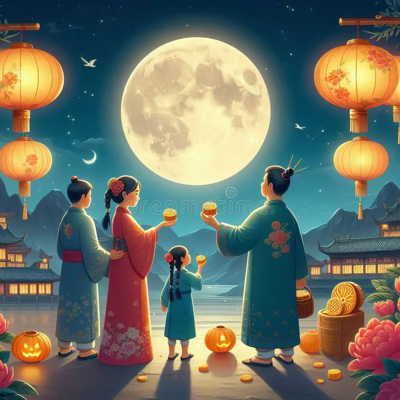 Minh họa gia đình đứng dưới trăng tròn bên những chiếc đèn lồng