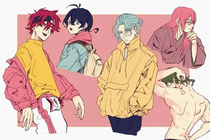 Minh họa năm kiểu tóc nam 2025 phong cách anime với màu tóc và thời trang đường phố đa dạng