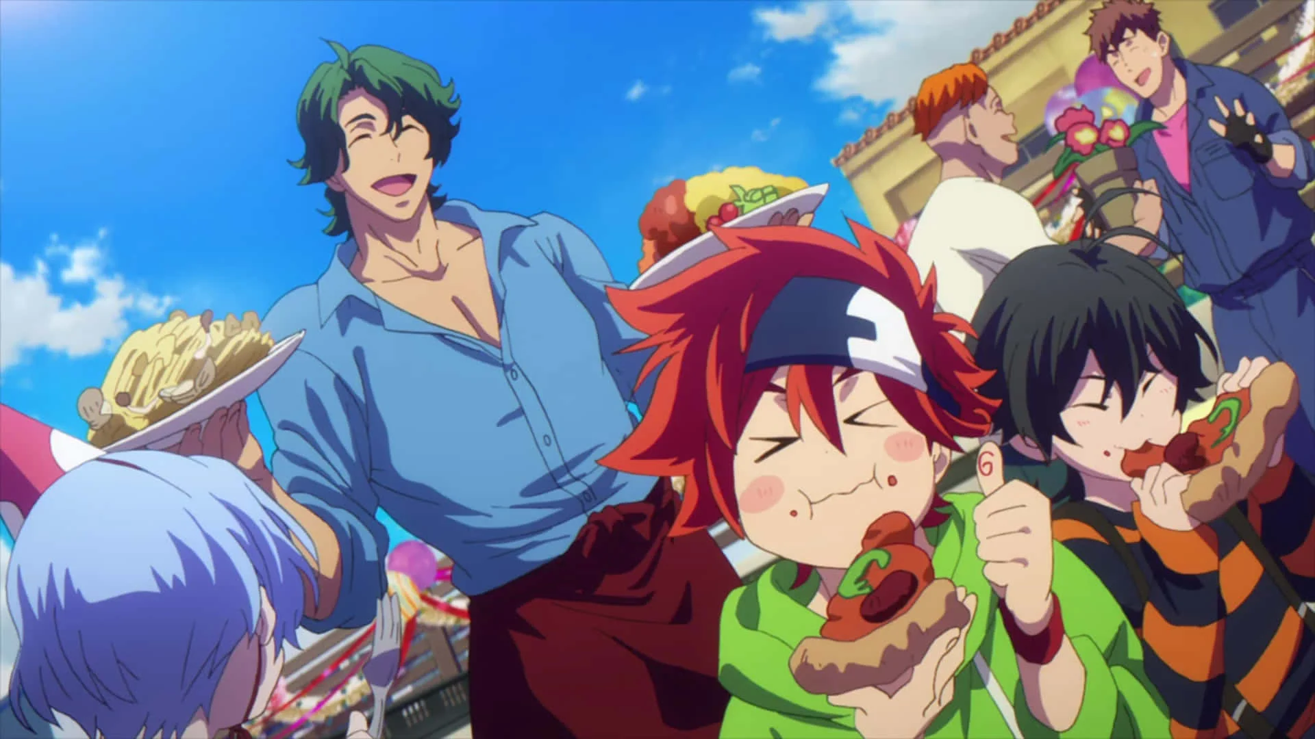 Nhóm nhân vật nam anime với nhiều kiểu tóc nam 2025 nổi bật đang thưởng thức đồ ăn tại lễ hội