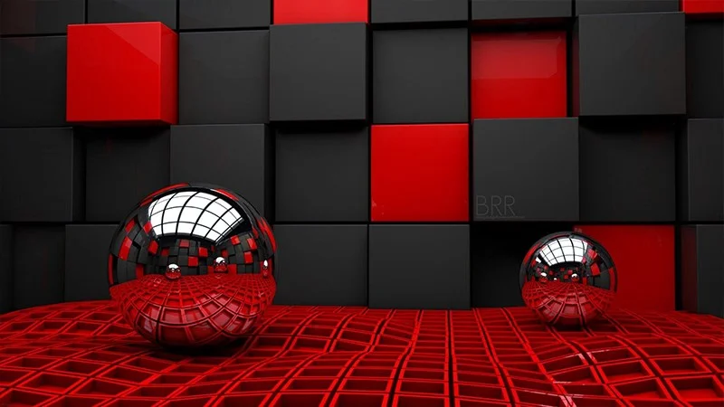 hình ảnh 3d nội thất phòng thí nghiệm với lát tương đen đỏ và hai quả cầu trang trí