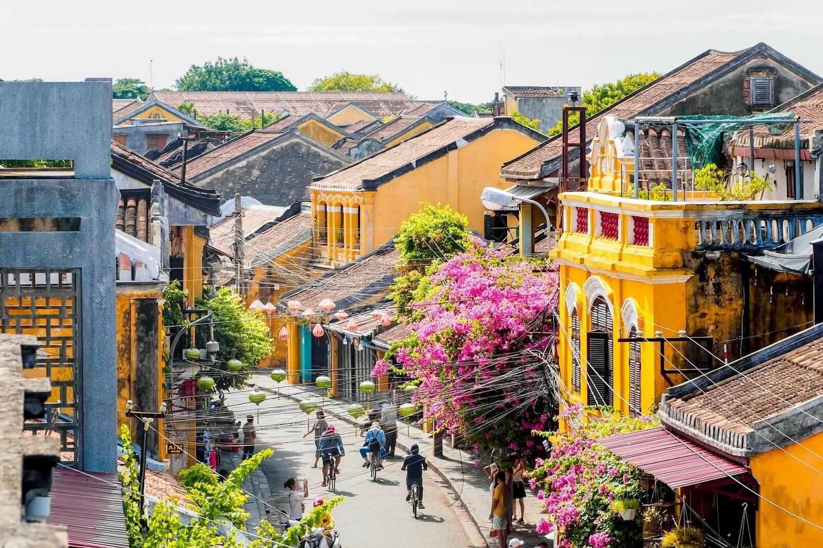 Mái ngói rêu phong và hoa giấy rực rỡ trong hình ảnh phố cổ Hội An