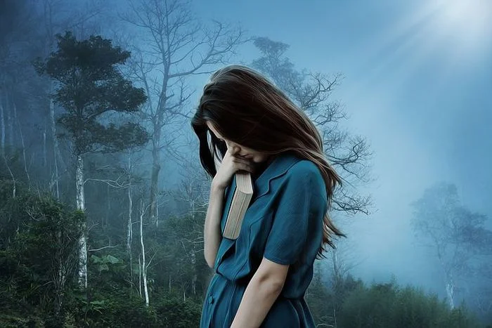 Cô gái buồn bã đứng giữa rừng sương mù