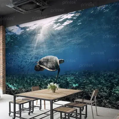 Tranh dán tường 3D đại dương với rùa biển trong phòng ăn