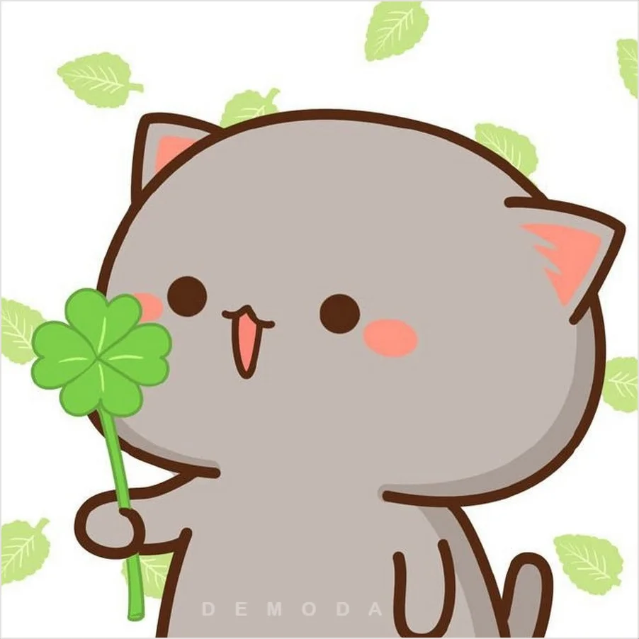 hình ảnh mèo cute hoạt hình dễ thương cầm cỏ 4 lá may mắn
