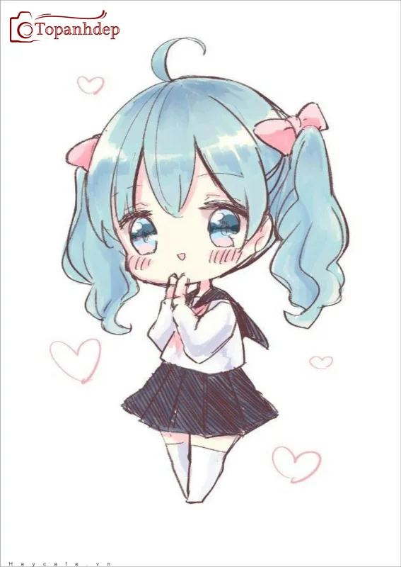 Hình vẽ anime phong cách chibi dễ thương với tóc xanh và trái tim hồng