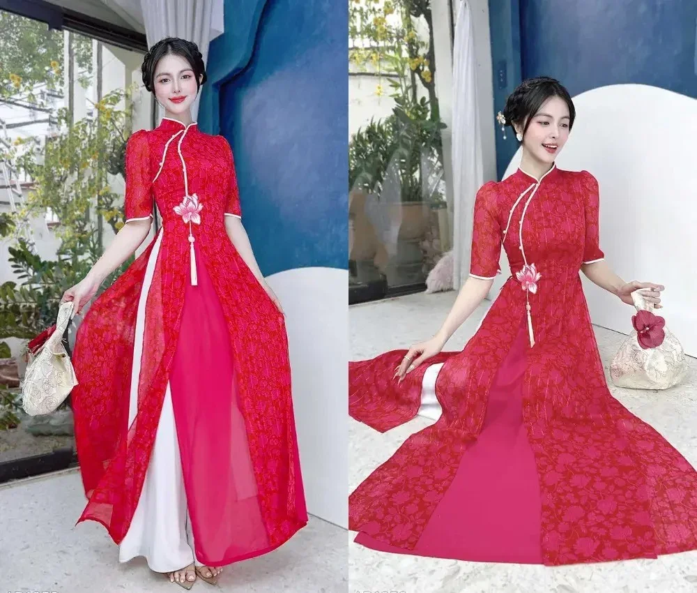 Mẫu áo dài đỏ ren phối tà hồng cánh sen tạo dáng trong studio