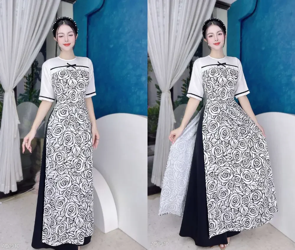 Mẫu áo dài cách tân họa tiết đen trắng phối tà đen hai dáng đứng