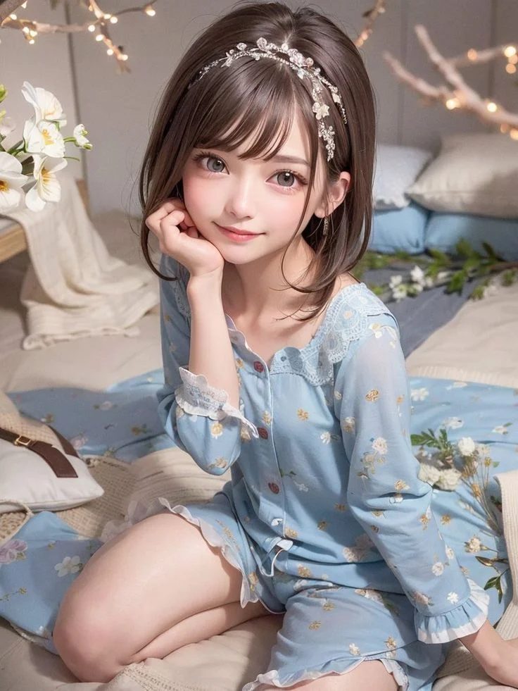 Ảnh pin nữ mặc bộ pijama họa tiết hoa xinh xắn trong phòng ngủ